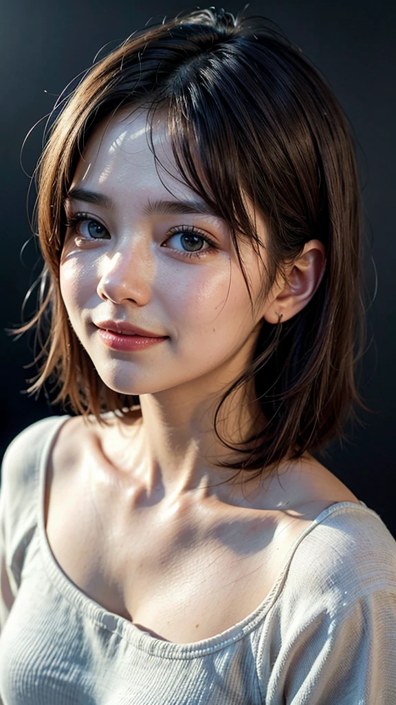 (((Close-up of face)))、(((Absolutely shoulder-length brown straight short bob)))、(((She is posing like a hair salon model, with a black wall indoors as the background.)))、(((Casual black winter long sleeves with shoulders covered)))、Half Japanese, half Korean、18 year old girl、Standing Alone、Looking forward、Light eye makeup、Brown Hair Color、Flat and 、Hair blowing in the wind、Actress Quality、Glossy, ultra-realistic face、Smiling face、Watery eyes、Gazing Up、Subtle lighting effects、 Ultra-Realistic Capture、Very detailed、High resolution 16K close up of human skin。Skin texture must be natural、The details must be such that pores can be clearly seen、The skin is healthy、Uniform tone、Use natural light and colors、A worn-out, high-quality photo taken by a model agency&#39;s in-house photographer.、smile、(((SIGMA 300 mm F/1.4,1/1000 sec shutter,ISO 400))) 
