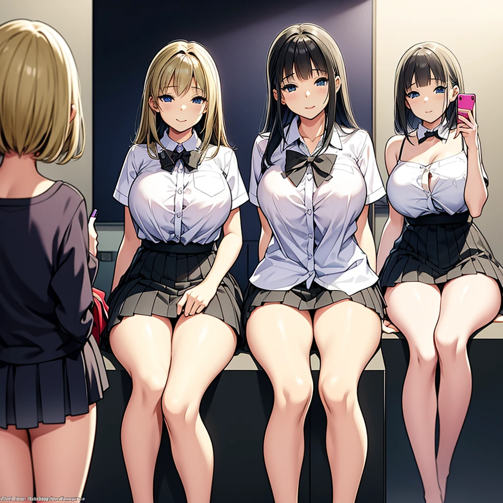 Three half-naked schoolgirls taking photos in front of a mirror,((stare to viewer)), ((love to viewer)),