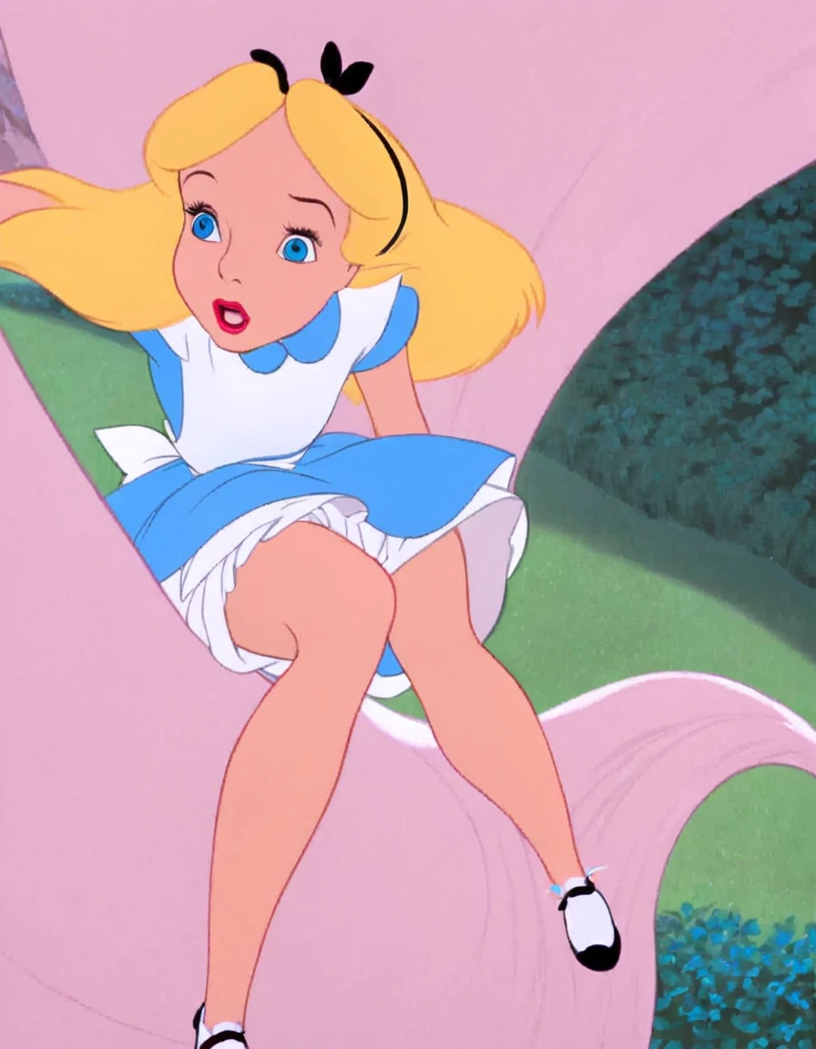wxaliwonlan, 1girl, solo, long hair, blue eyes, blonde hair, alice (alice in wonderland), disney cartoon, masterpiece, best quality, upskirt view, full view, white panties, windy upskirt, looking down, legs together, standing, front view, view from below