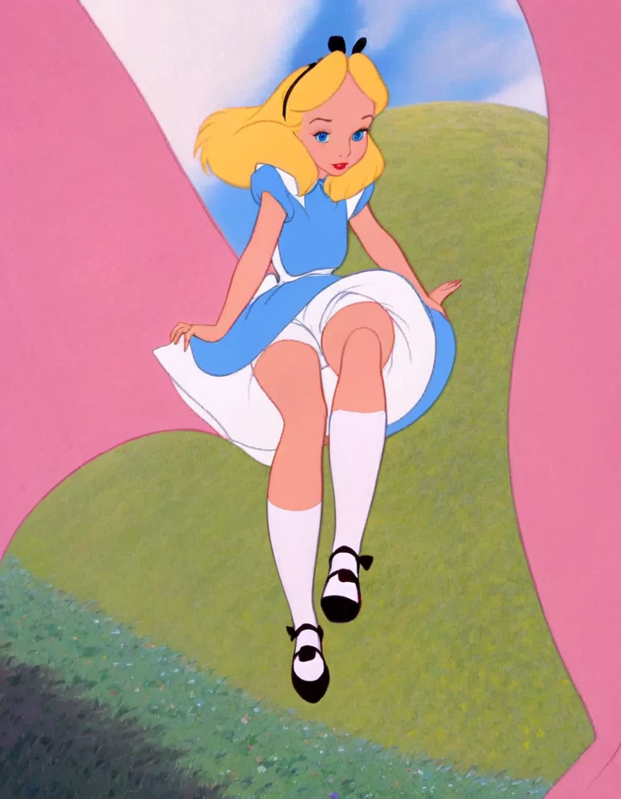 wxaliwonlan, 1girl, solo, long hair, blue eyes, blonde hair, alice (alice in wonderland), disney cartoon, masterpiece, best quality, upskirt view, full view, white panties, windy upskirt, looking down, legs together, standing, front view, view from below