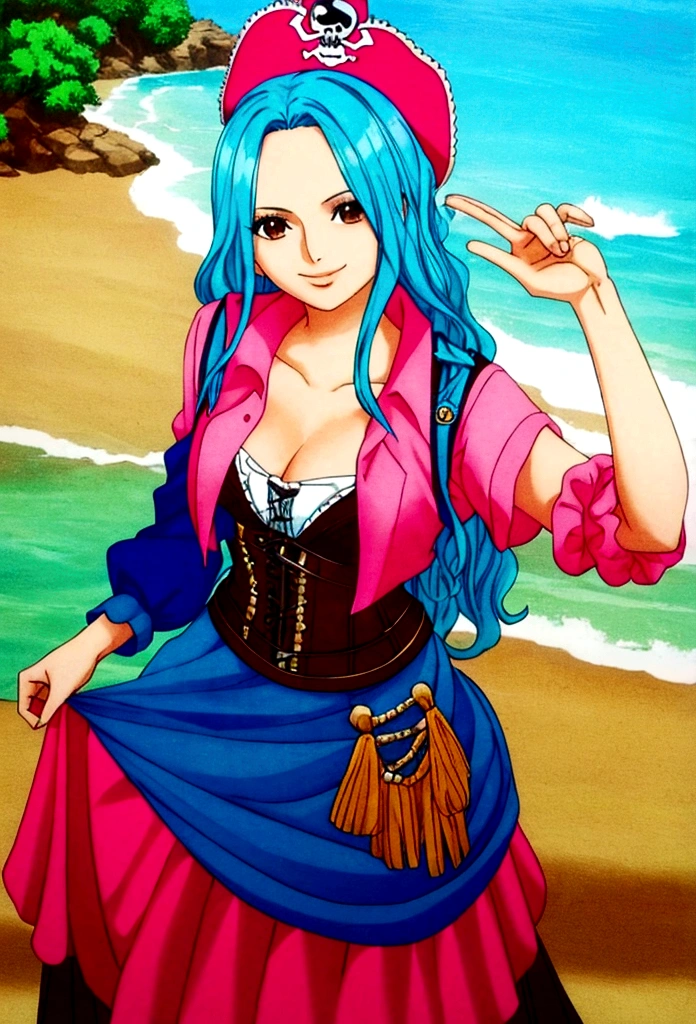 blue flamingo as a young woman pirate, blue wavy hair, brown eyes, wearing corset, skirt, smiling