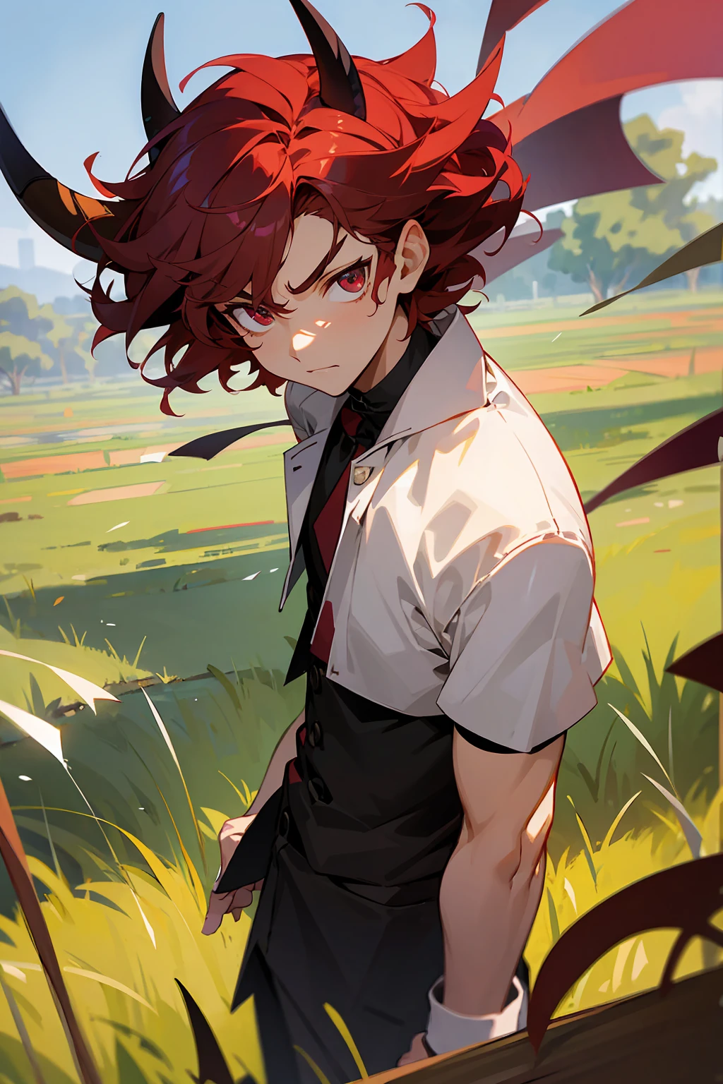 1male, Male, Short Maroon Fluffy Hair, Hazel Eyes, Perfect Generation, Masterpiece Quality, serious expression, Standing in a Field, Demon Horns
