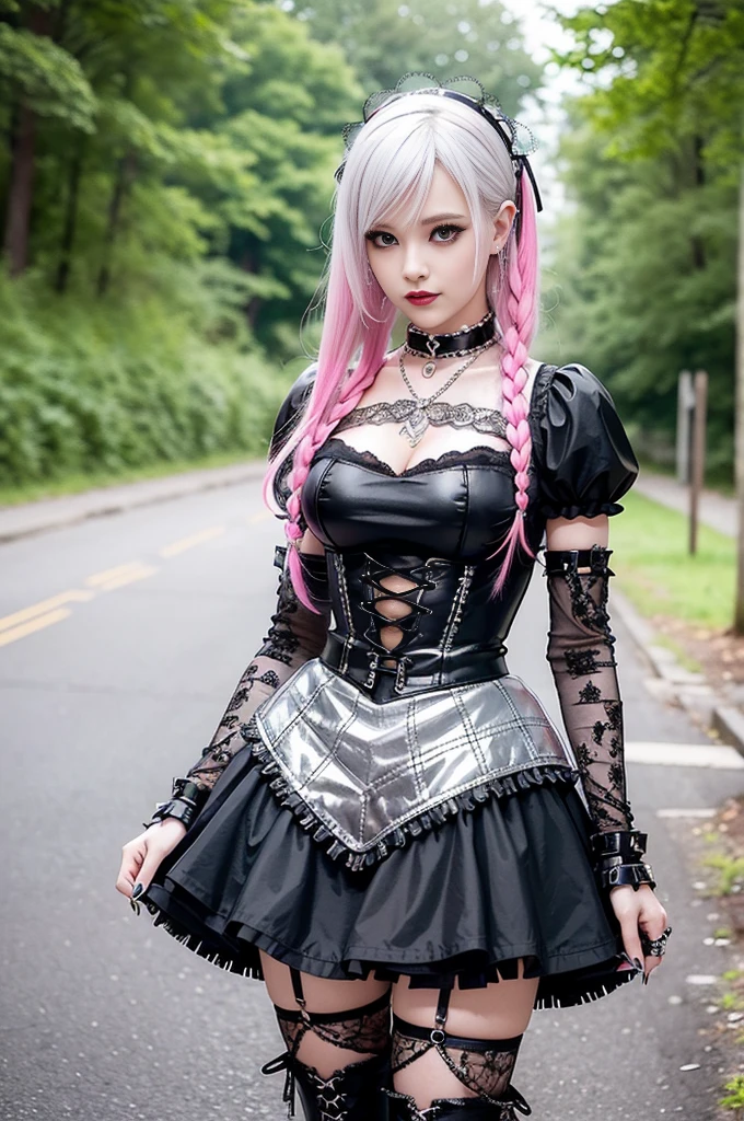 sexy stylish Swedish model, only 1 female, ((doll-like appearance)), long neon pink stylish hair, ((shiny Punk-Style boots)), (happy smile), ultra detailed eyes, Punk makeup, lipgloss, ((sexy Punk Lolita cosplay)), unconventional skirt, petticoats, high neckline, ((ultra detailed lace)), ((ultra detailed embroidery)), intricate details, tartan patterns, (silver chains), (silver spikes), (safety pins), Punk Lolita accessoires, Punk Lolita choker, ((large sparkling Punk Lolita jewelry)), cinematic light, detailed large park background with trees