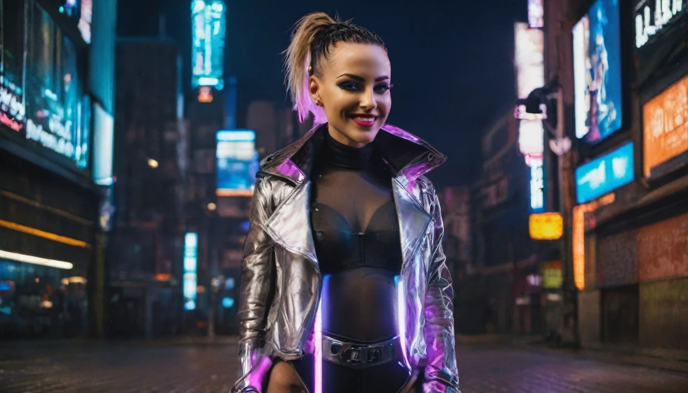 gorgeous cyberpunk woman, woman posing on the street. sexy attire, erotic attire. cute face. 22 y o eastern europian woman, cute smile.