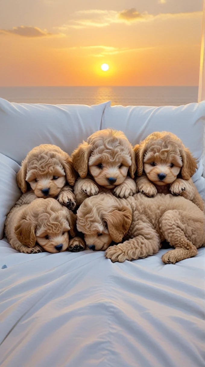 With the sunset in the background,(masterpiece:1.2, high quality), Five toy poodle puppies sleeping snuggled up together in bed、