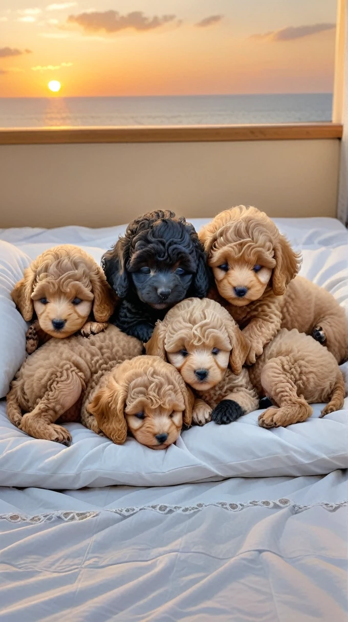 With the sunset in the background,(masterpiece:1.2, high quality), Five toy poodle puppies sleeping snuggled up together in bed、