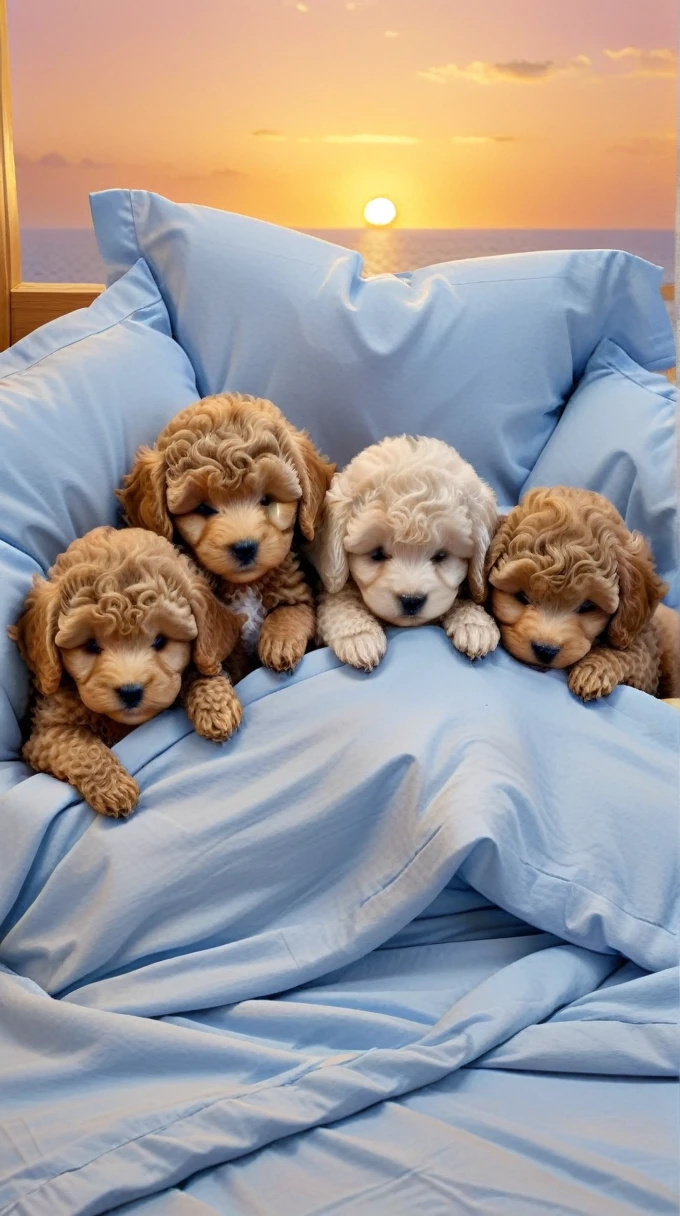 With the sunset in the background,(masterpiece:1.2, high quality), Five toy poodle puppies sleeping snuggled up together in bed、