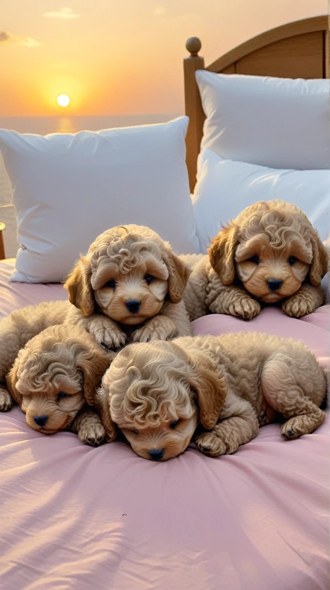 With the sunset in the background,(masterpiece:1.2, high quality), Five toy poodle puppies sleeping snuggled up together in bed、