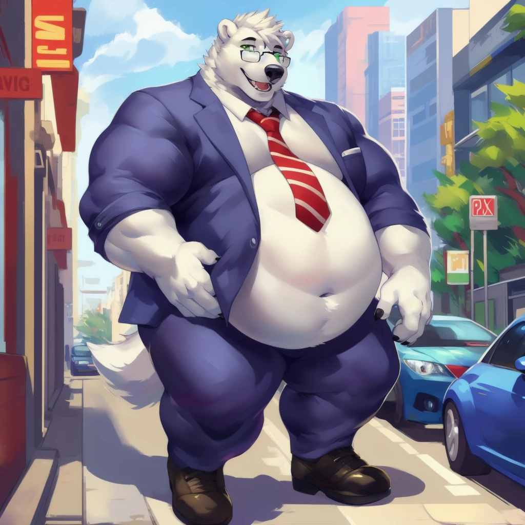 By mystikfox61, by glitter trap boy, by juiceps, by darkgem, solo, male, polar bear, white fur, green eyes, detailed eyes, detailed hands, muscular,obesefat overweight, musclegut, big biceps, smiling, glasses, wearing a full suit and tie, standing, street, outside, wonderful day out