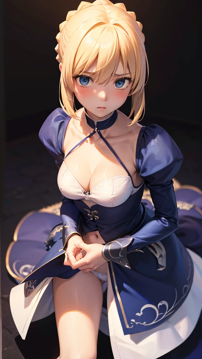 artoria pendragon 、Detailed Description、high resolution、One Girl、Slender、Blonde、Medium Hair、(blush)、Troubled face、White bra、White panties、Leaning forward、Looking up、belly button