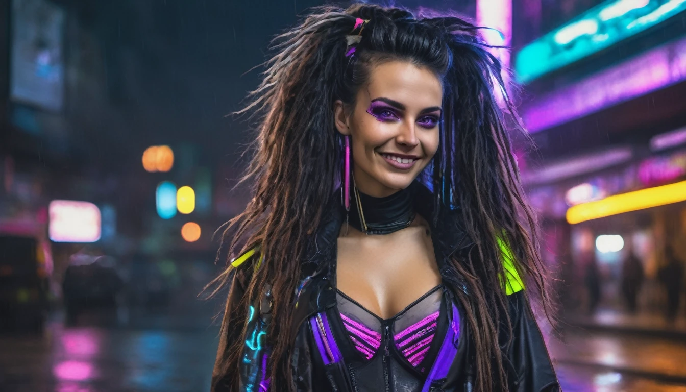 gorgeous cyberpunk woman, woman posing on the street. sexy attire, erotic attire. cute face. 22 y o eastern europian woman, cute smile. long messy hair, black hair with purple mops, big messy hair