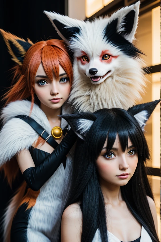 Girl with pokemons (crazy people, night lycanroc and umbreon) long black fur, very white skin and brown eyes
