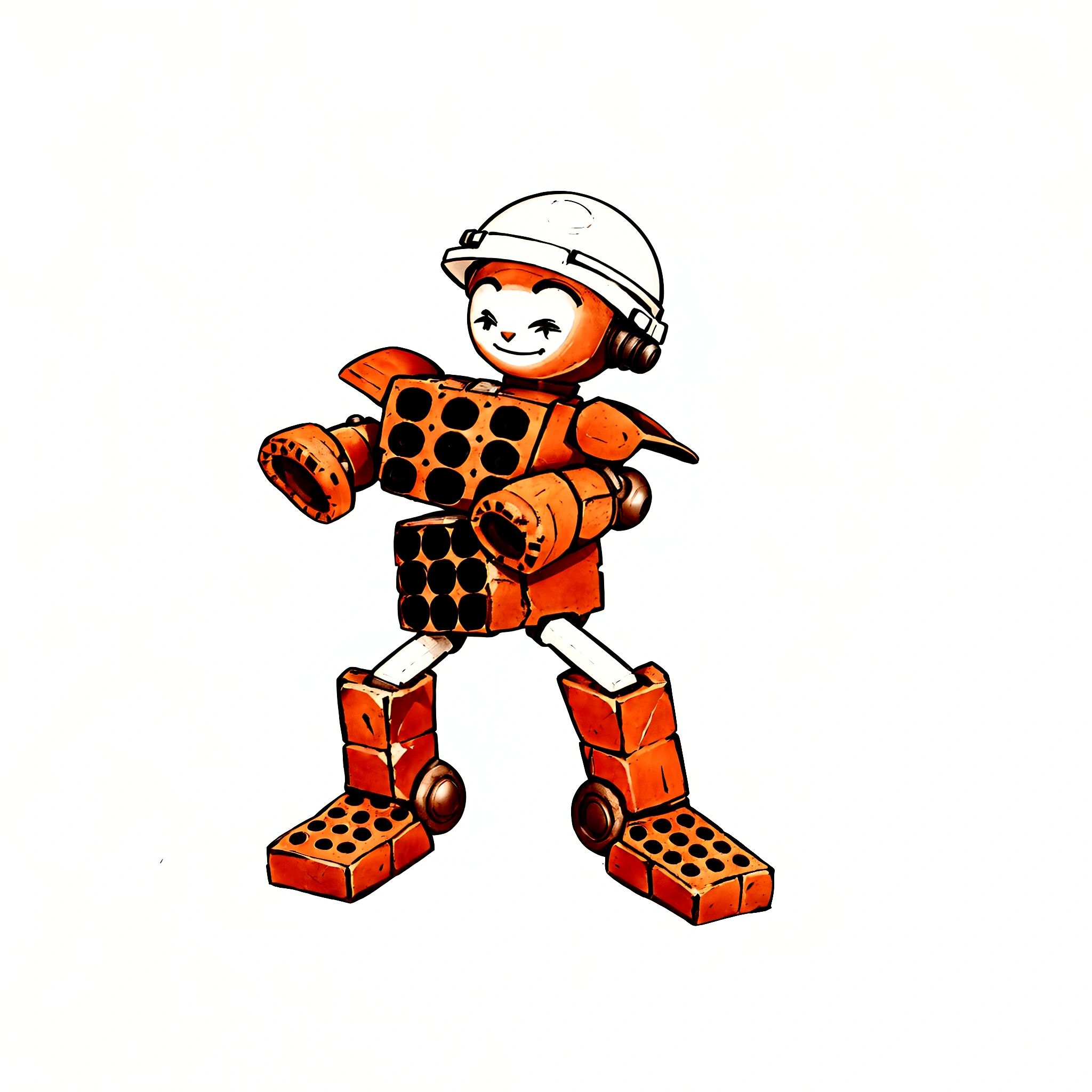 a robot smiles with a spherical head made of bricks, round ears, with white construction helmet, The arms are made of cobblestone bricks each., shoulders made of colonial tiles, The body is made with two bricks with 9 holes in a perpendicular position., the chest showing the 9 holes and the stomach brick with 9 holes on the side, legs made of 2 pvc pipes, calves made of colonial tiles, feet made of bricks with 12 holes