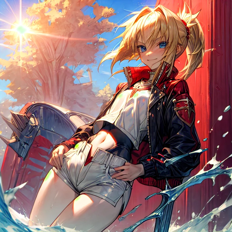 blonde,shorts,jacket,blue eyes,barrette,smile,Big hips,Sun,Mordred Pendragon