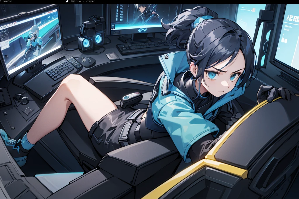 jet (\existent\), Blue cropped jacket, No sleeve, Black bodysuit, Black trousers, One girl, alone, headset, Gaming Chair, View the screen, Live Stream, dark, anger, angerの表情, From the side