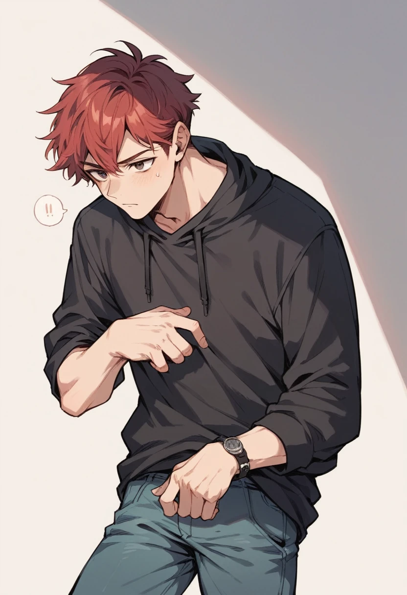 A teenage boy with red hair, Brown eyes, dressed in a black sweatshirt