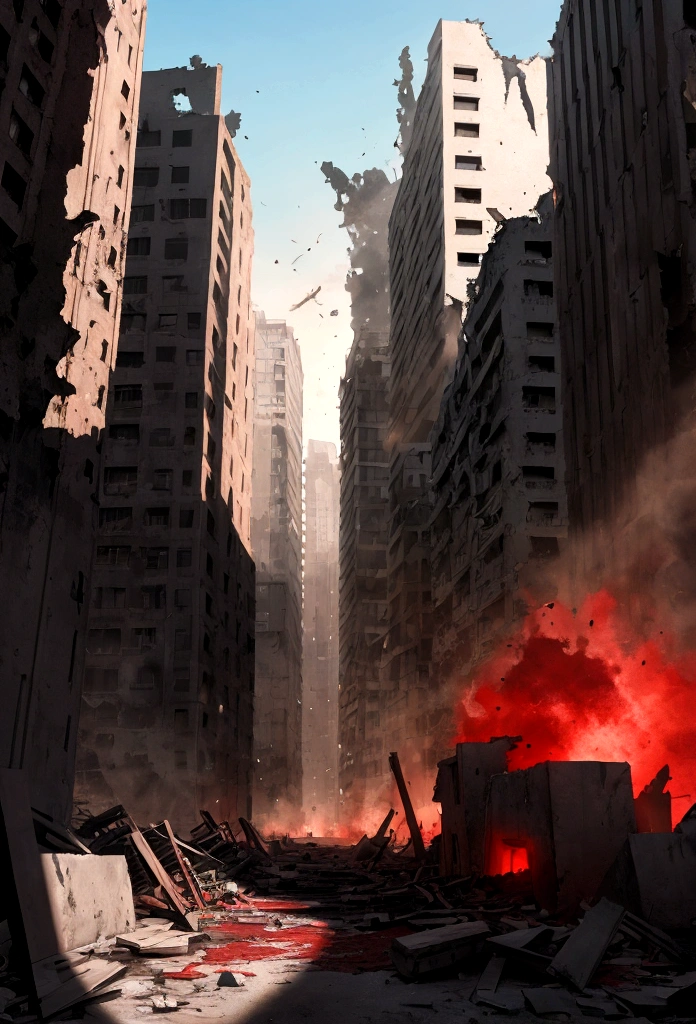 a destroyed city red and black with a giant shadow see form far