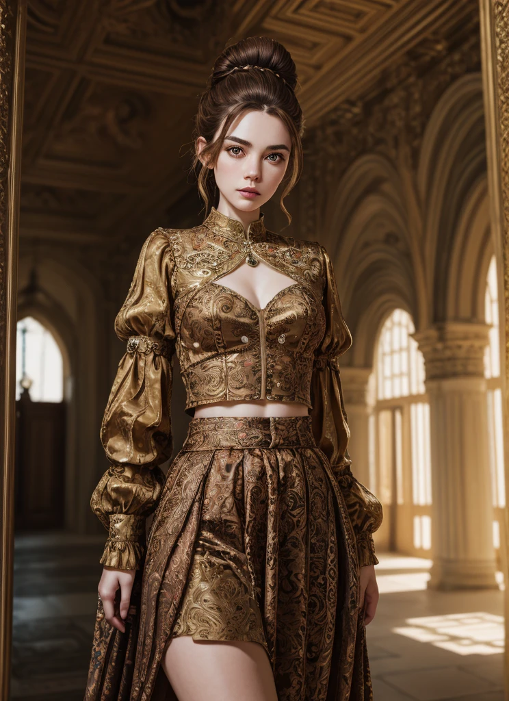 fulllength, 1 girl, perfect body, perfect face, fantasy noblewoman, brown hair tied in a bun, hazel eyes, wearing elegant clothing, standing in a palace, midriff,