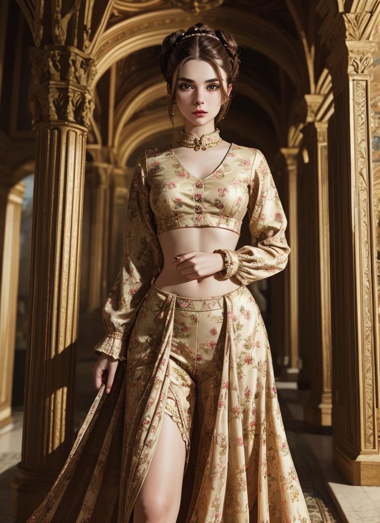 fulllength, 1 girl, perfect body, perfect face, fantasy noblewoman, brown hair tied in a bun, hazel eyes, wearing elegant clothing, standing in a palace, midriff,