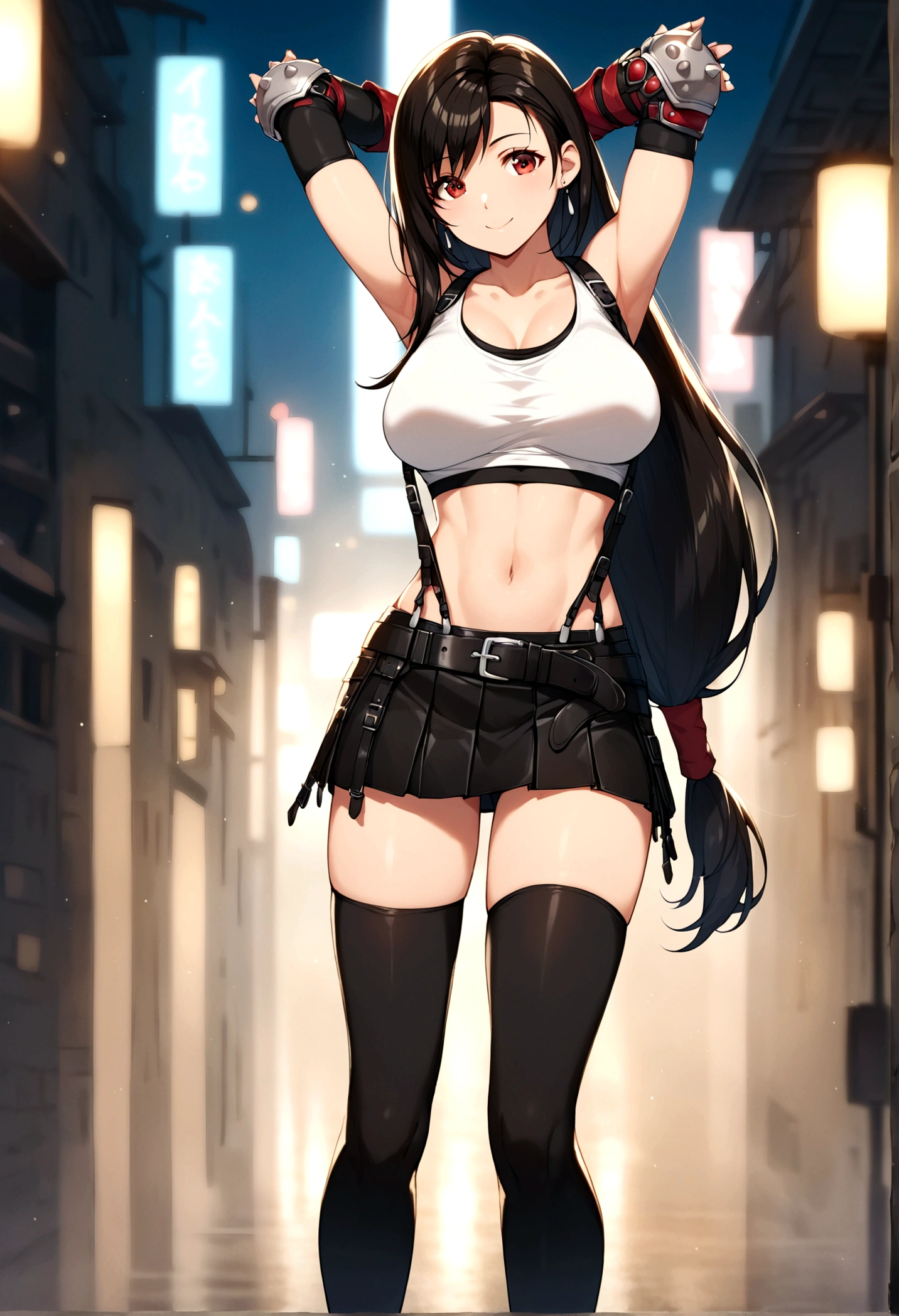 score_9, score_8_up, score_7_up, score_6_up, score_5_up,,rating_safe. BREAK , (from front.from front,front view,feet focus,standing,straight-on,,(upperbody),looking_at_viewer ,1girl, tifa lockhart, final fantasy, tareme,black hair, low-tied long hair, red eyes, bangs, (white tank top, belt, pleated skirt, thighhighs, elbow fingerless gloves, elbow pads, midriff, navel,suspender skirt) ,large_breasts,(light smile),,,Solo,,(daytime and beachside and city),(best quality),(aesthetic,very aesthetic),,highly detailed,,depth of field,,professional lighting,cinematic lighting, dancing breast,arms up,arms behind head,armsinhair,