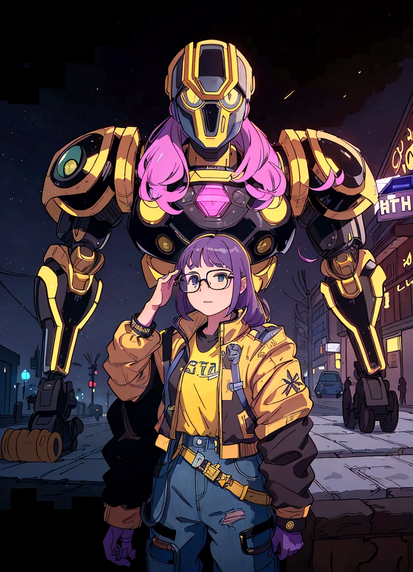 In the image, there is a young girl standing next to a large robot. The girl has purple hair and is wearing glasses. She is dressed in a yellow jacket and blue jeans. The robot is predominantly black with gold accents and stands behind her. It appears to be quite large compared to the girl, suggesting it might be a mech or a suit of armor. They are both positioned on what looks like a city street at night, as indicated by the dark background and illuminated streetlights. The overall scene gives off a futuristic vibe, possibly from a science fiction setting.
