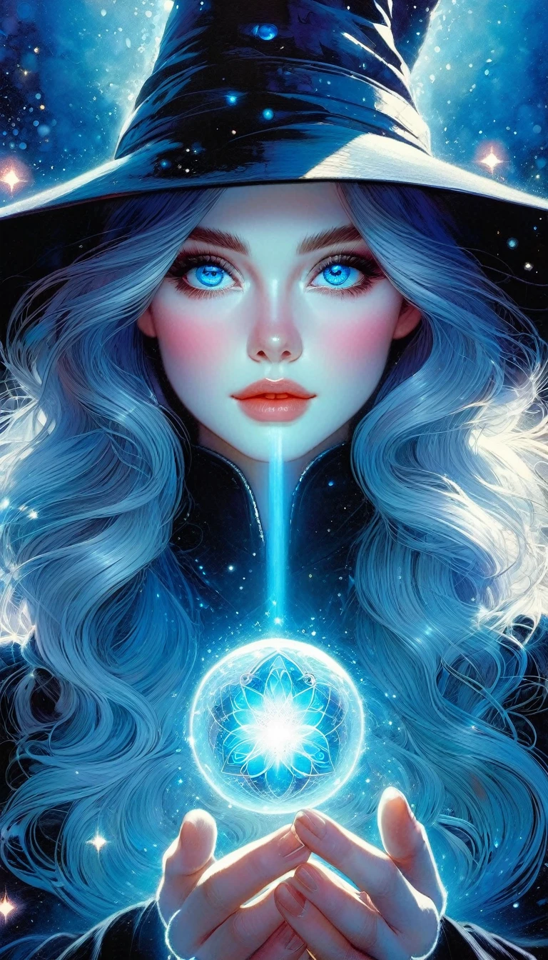 ((🧙‍♀️)), (black hat), {{{{masterpiece}}}, {{{}}}, {{{high resolution}}}, {{excellent anatomy}}, (((best quality))), (((very delicate and beautiful)), {{ and delicate}}, {{illustration}}, happy magic, magic effect, magic circle, gradient, cute witch, blue eyes, grey hair, long hair, highly detailed (art inspired by Bill Sienkiewicz). oil painting)

