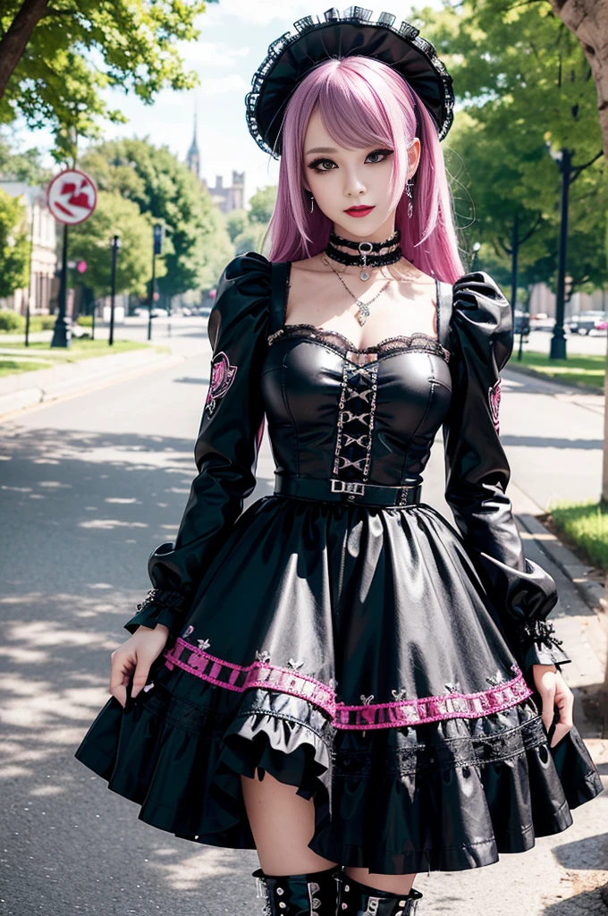 sexy stylish female model, only 1 female, ((doll-like appearance)), long dramatic stylish hair, ((shiny Punk-Style boots)), (happy smile), ultra detailed eyes, Punk makeup, lipgloss, ((sexy Punk ta cosplay)), unconventional skirt, petticoats, high neckline, ((ultra detailed lace)), ((ultra detailed embroidery)), intricate details, tartan patterns, safety pins, Punk Loliccessoires, Punk Lolita cr, ((large sparkling Punk Lolita jewel, cinematic light, detailed large park background with trees