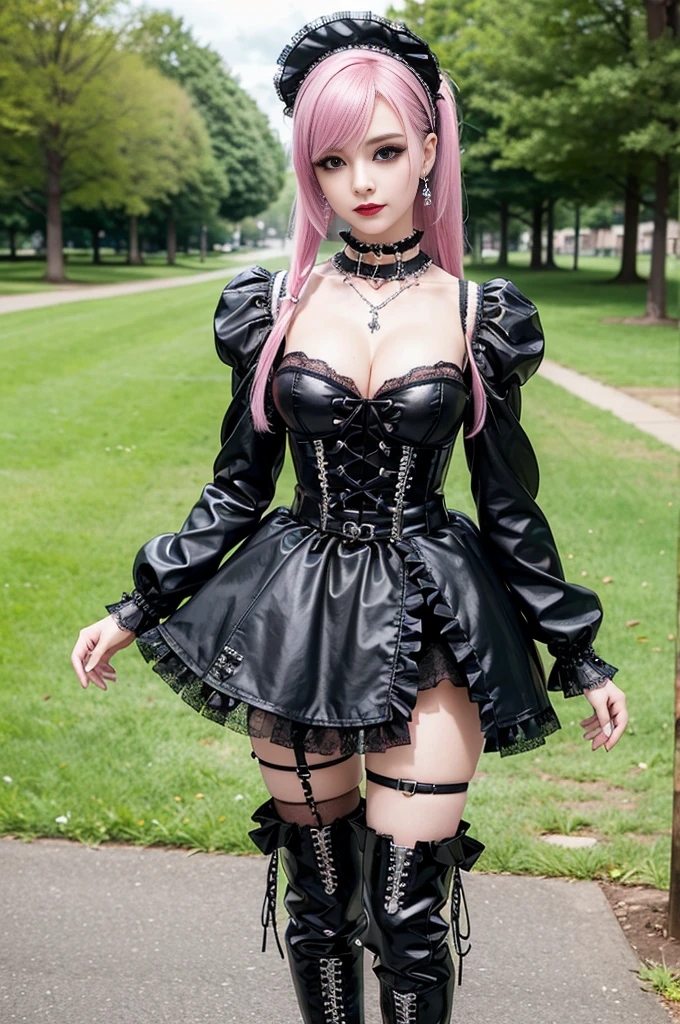 ???? stylish female model, only 1 female, ((doll-like appearance)), long dramatic stylish hair, ((shiny Punk-Style boots)), (happy smile), ultra detailed eyes, Punk makeup, lipgloss, ((???? Punk Lolita cosplay)), unconventional skirt, petticoats, high neckline, ((ultra detailed lace)), ((ultra detailed embroidery)), intricate details, tartan patterns, safety pins, Punk Lolita accessoires, Punk Lolita choker, ((large sparkling Punk Lolita jewelry)), cinematic light, detailed large park background with trees