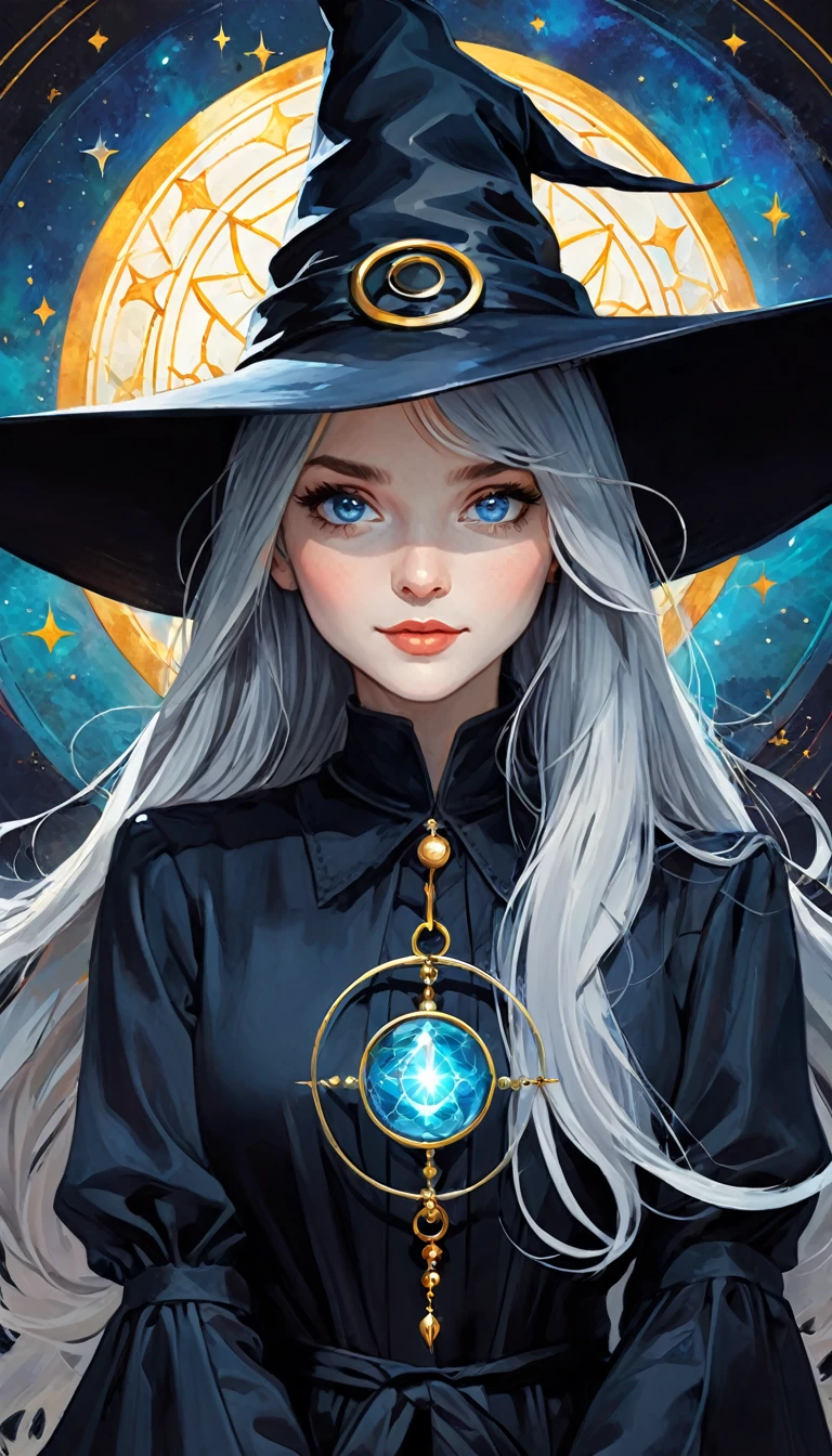 ((🧙♀️)), (black hat), {{{{masterpiece}}}, {{{}}}, {{{high resolution}}}, {{excellent anatomy}}, (((best quality))), (((very delicate and beautiful)), {{ and delicate}}, {{illustration}}, happy magic, magic effect, magic circle, gradient, cute witch, blue eyes, grey hair, long hair, highly detailed (art inspired by Bill Sienkiewicz). oil painting)