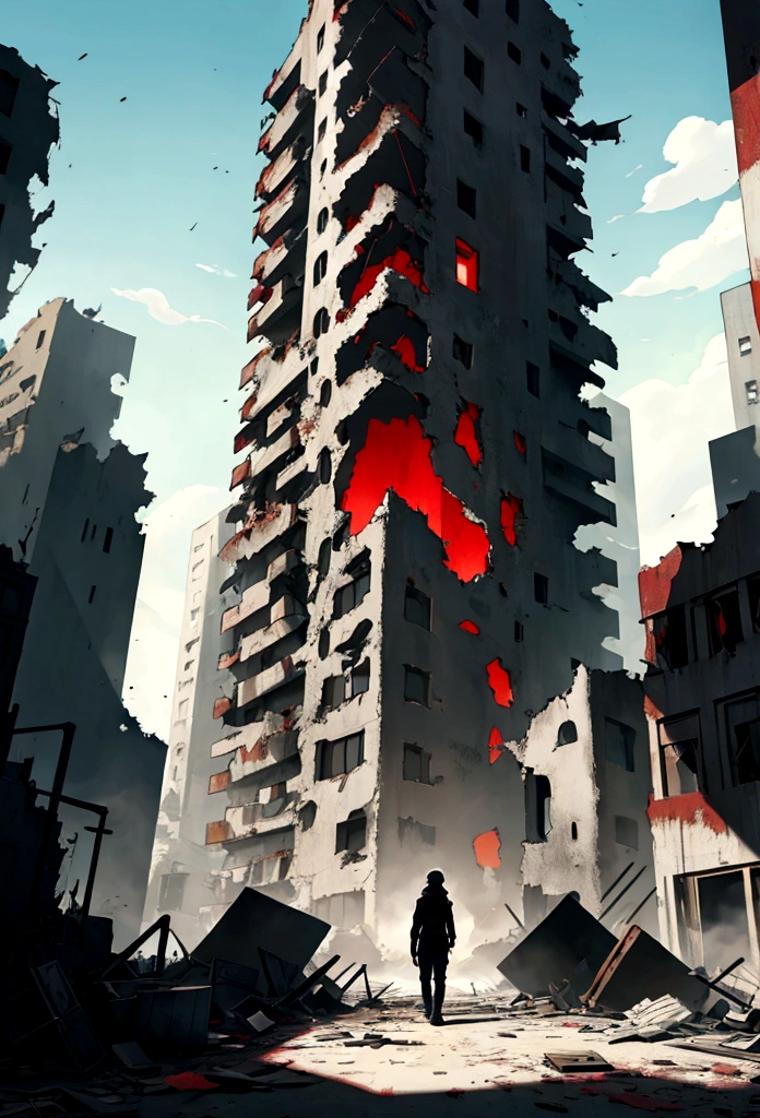  a destroyed city red and black with a giant shadow see form far 