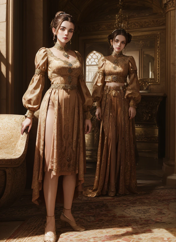 fulllength, 1 girl, perfect body, perfect face, fantasy noblewoman, brown hair tied in a bun, hazel eyes, wearing elegant clothing, standing in a palace, midriff, kind welcoming face