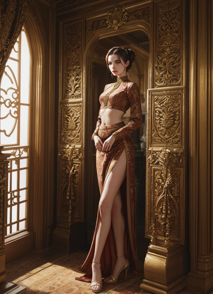 fulllength, 1 girl, perfect body, perfect face, fantasy noblewoman, brown hair tied in a bun, hazel eyes, wearing elegant clothing, standing in a palace, midriff, kind welcoming face