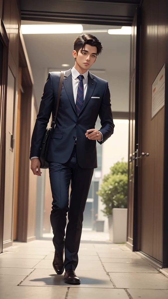 3DCG illustration、Ghibli style、A 27-year-old male employee wearing a suit and walking with a bag