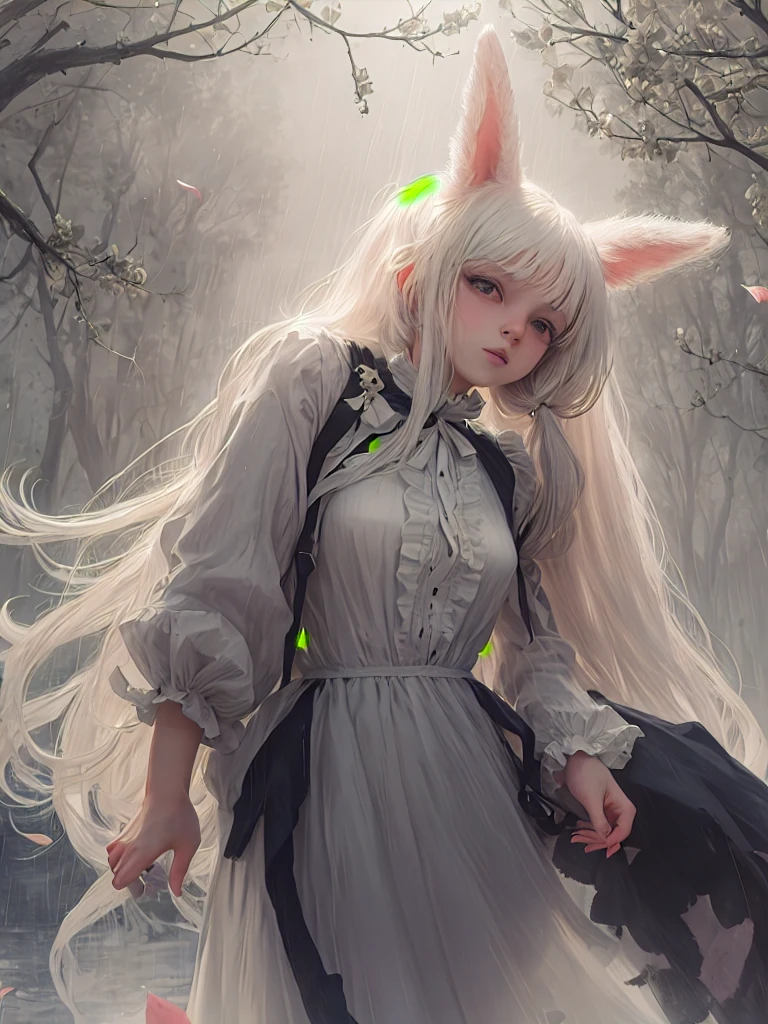 At dawns first light a bunny woman, with long flowing white hair, her hair up in pigtails, ribbons in her hair on each of her pigtails. The bunny woman is wearing a short transparent flowing dress and flower petals are falling around her, there is a gental rain falling and a slight mist is on the ground. A giant werewolf looming in the background 