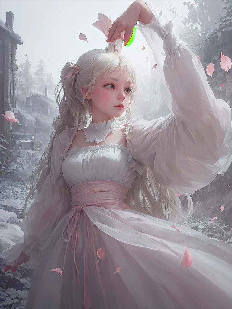At dawns first light a bunny woman, with long flowing white hair, her hair up in pigtails, ribbons in her hair on each of her pigtails. The bunny woman is wearing a short transparent flowing dress and flower petals are falling around her, there is a gental rain falling and a slight mist is on the ground. A giant werewolf looming in the background