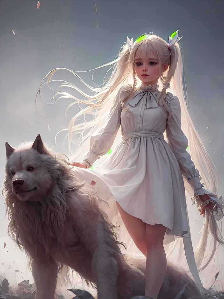 At dawns first light a bunny woman, with long flowing white hair, her hair up in pigtails, ribbons in her hair on each of her pigtails. The bunny woman is wearing a short transparent flowing dress and flower petals are falling around her, there is a gental rain falling and a slight mist is on the ground. A giant werewolf looming in the background