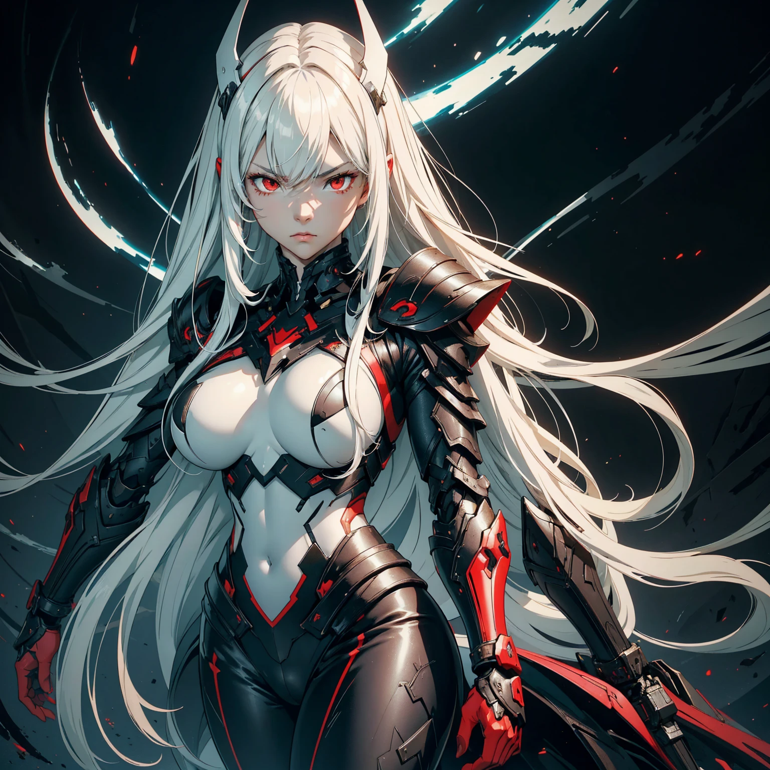 1girl!!!, long hair with bangs, light white hair, big breasts, small size, red eyes, very fair skin, serious face, black tight combat armor, full body, night, dark cave, very sexy body, detailed face, highly detailed, 8k, best quality, masterpiece, vibrant colors, digital art, concept art
