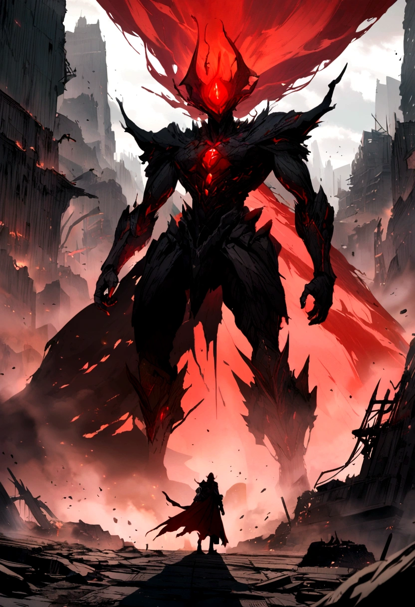  a destroyed city red and black with a giant shadow see form far 