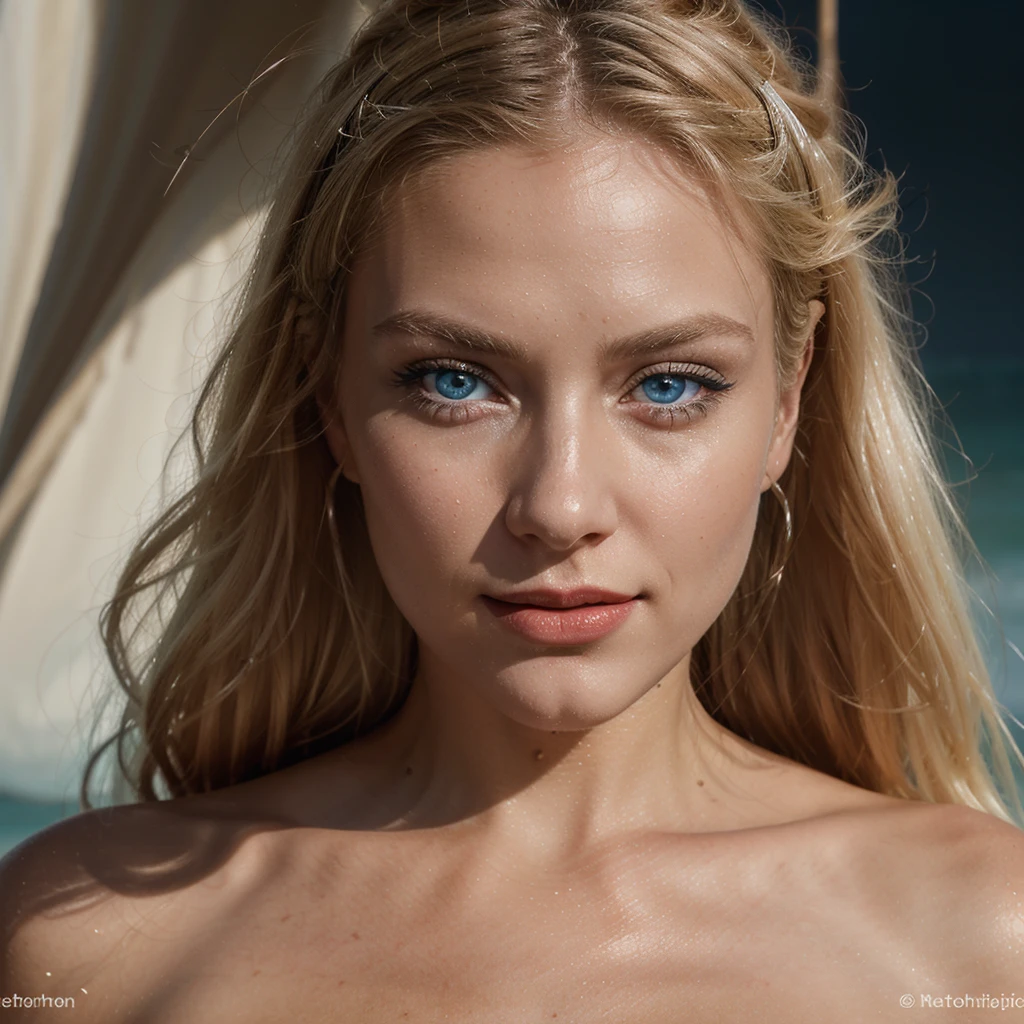A stunning Scandinavian, hell blonde, white woman with an unwavering look and a broad smile, perfect hair, red lipstick and smokey eyes on the eyes, captured in a photorealistic photograph, looks directly into the camera lens, with a hypnotic swirl in her ocean blue eyes, which emphasizes real skin, against an evil dark background, with white highlights, that cast a captivating shine in the foreground, taken from a personal angle as a close-up portrait, which evokes a cinematic and devotional feeling, that touches the viewer, engages and especially, radiates self-confidence and invites the viewer, to lose yourself in her hypnotic gaze.