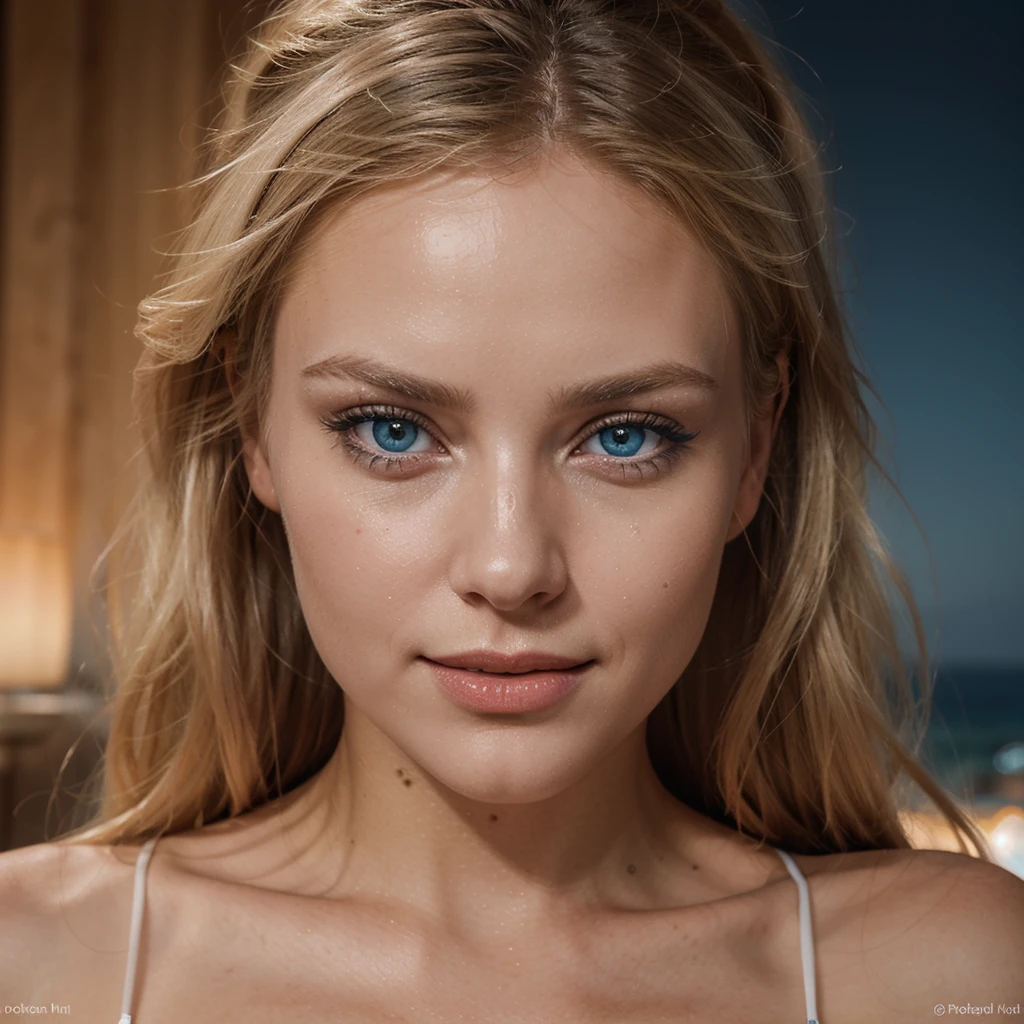 A stunning Scandinavian, hell blonde, white woman with an unwavering look and a broad smile, perfect hair, red lipstick and smokey eyes on the eyes, captured in a photorealistic photograph, looks directly into the camera lens, with a hypnotic swirl in her ocean blue eyes, which emphasizes real skin, against an evil dark background, with white highlights, that cast a captivating shine in the foreground, taken from a personal angle as a close-up portrait, which evokes a cinematic and devotional feeling, that touches the viewer, engages and especially, radiates self-confidence and invites the viewer, to lose yourself in her hypnotic gaze.