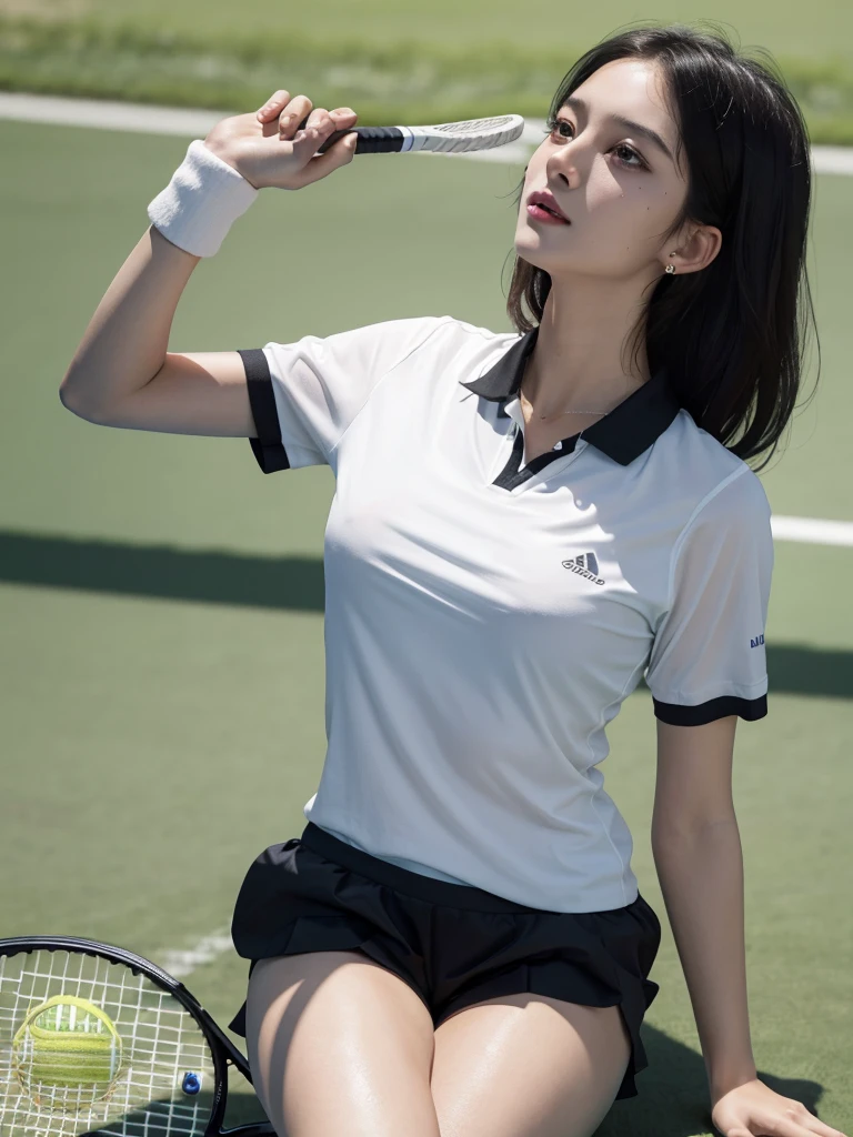absurdres, RAW photo, extremely delicate and beautiful, masterpiece, Best Quality, ultra high resolution, 32k, hyperrealistic, ultra-detailed, in her 20s, delicate facial features, tearful mole, earring, medium breasts, full body shot, shorter middle hair, black hair, ((tennis uniform)), shirt, shorts,