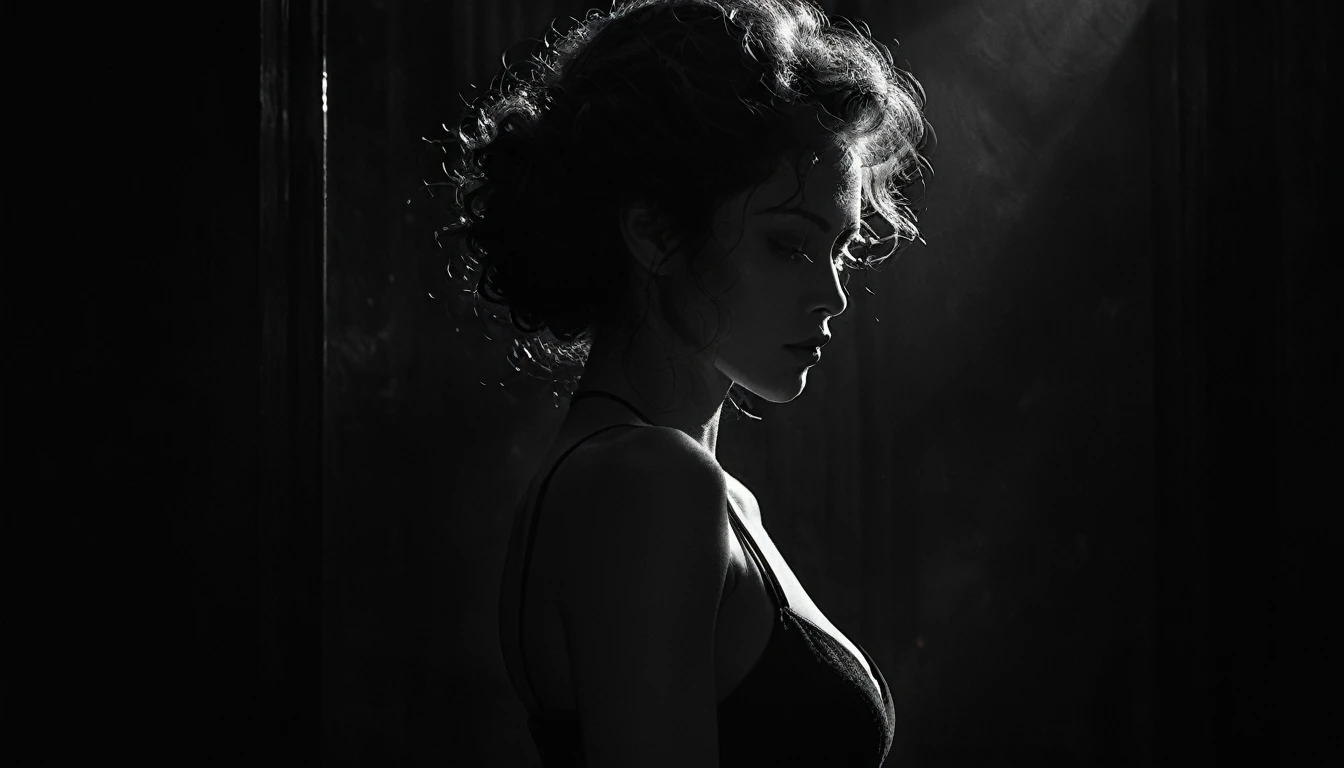 Film Noir Fatal Woman,Sin City style,May,variety of erotic poses,hairstyle with curly hair,black and white photography,Timeless elegance,Classic aesthetics,dramatic contrasts,emphasizing shapes and textures,evoking nostalgia,focusing on light and shadow,monochrome narrative,capturing mood and emotion,artistic expression,Minimalist compositions,conveying depth and atmosphere,timeless beauty,comic art style,comics,Dynamic Lines,swirly vibrant colors,expressive characters,Action-packed composition,adds energy and excitement,Kale,nsfw,dutch angle (from behind) see extremely close photo (focus on the legs),21 years,choker,Muscular abs,highly detailed skin,medium natural breasts,fotografia de Hegre,Minimalist Photography,Simplicity in Composition,linhas limpas,organized visuals,negative space,focusing on essential elements,transmitting tranquility,discreet beauty,Elegant aesthetic,Subtle narrative,capturing the essence of minimalism,