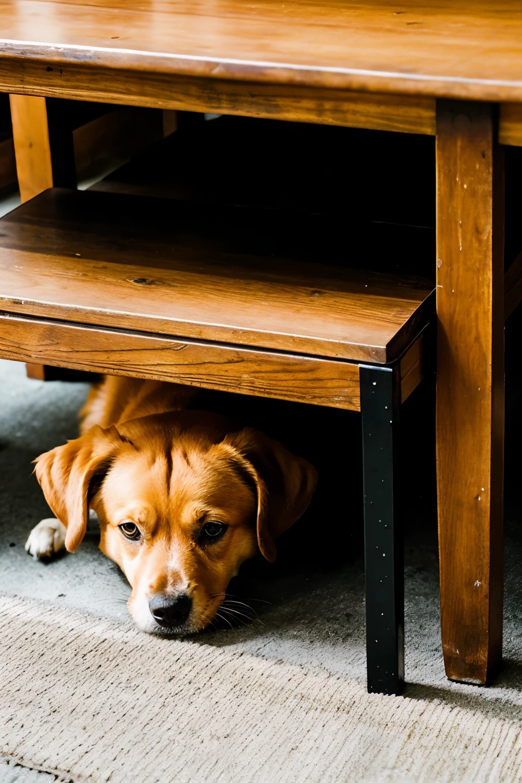 
image of a scared dog hiding under a table 