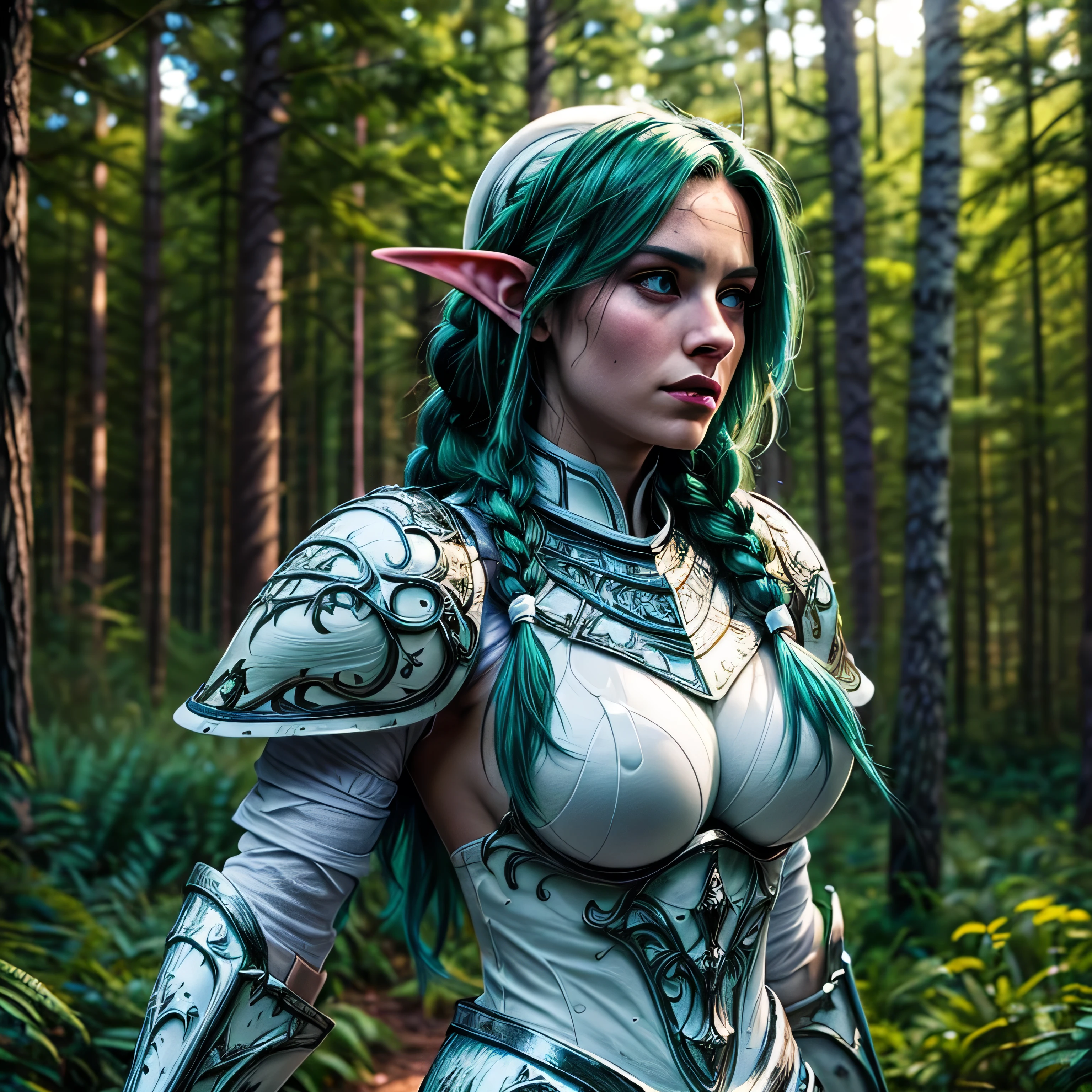 (masterpiece, photorealistic:1.4, extremely intricate:1.3), (photon mapping, radiosity, physically based rendering, ultra resolution, hyper-realistic, 8K), ((beautiful tyrande stand up twin braids, green eyes, ((((white armor)), [medium breasts:large breasts:0.3], [skin detail:freckles:0.9])), pauldrons, forest, upper torso)), background outdoor, flowers, glowing butterflies, bokeh, sunset, [aqua hair:blonde hair:0.8]