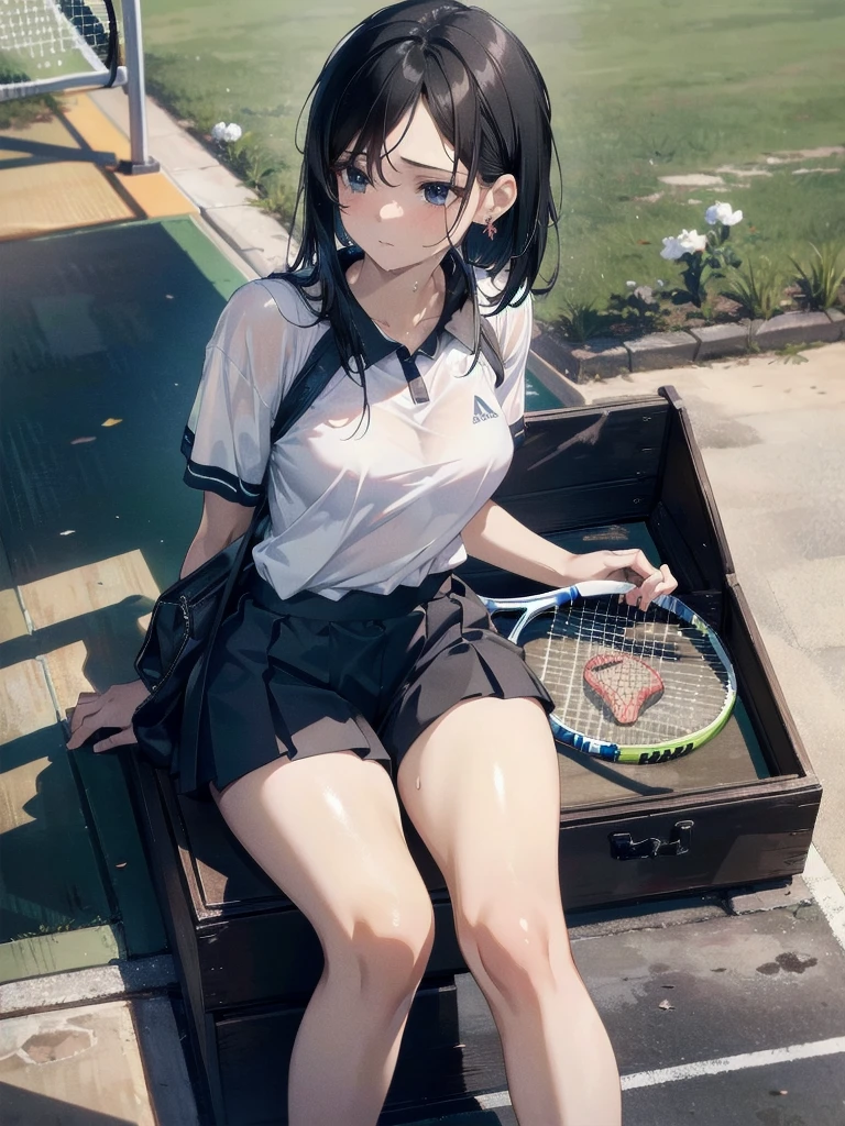absurdres, RAW photo, extremely delicate and beautiful, masterpiece, Best Quality, ultra high resolution, 32k, hyperrealistic, ultra-detailed, in her 20s, delicate facial features, tearful mole, earring, medium breasts, full body shot, shorter middle hair, black hair, tennis uniform, shirt, shorts,