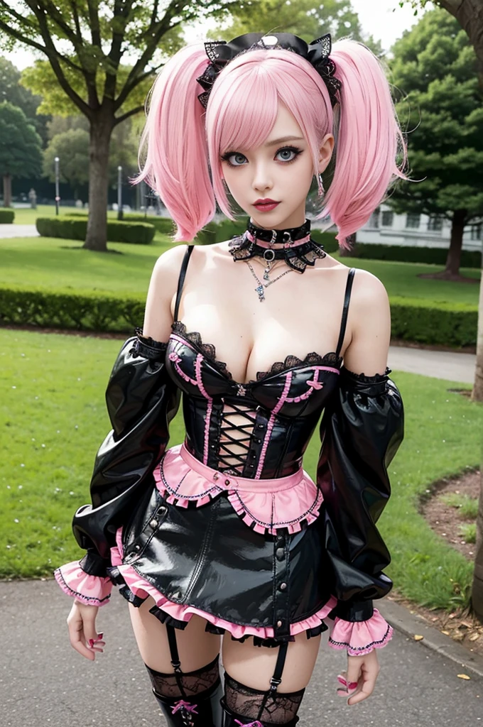 sexy stylish Swedish model, only 1 female, ((doll-like appearance)), short neon pink stylish hair, ((shiny Punk-Style boots)), (beautiful smile), ultra detailed eyes, Punk makeup, lipgloss, ((sexy Punk Lolita cosplay)), unconventional skirt, petticoats, high neckline, ((ultra detailed lace)), ((ultra detailed embroidery)), intricate details, tartan patterns, safety pins, Punk Lolita accessoires, Punk Lolita choker, ((large sparkling Punk Lolita jewelry)), cinematic light, detailed large park background with trees