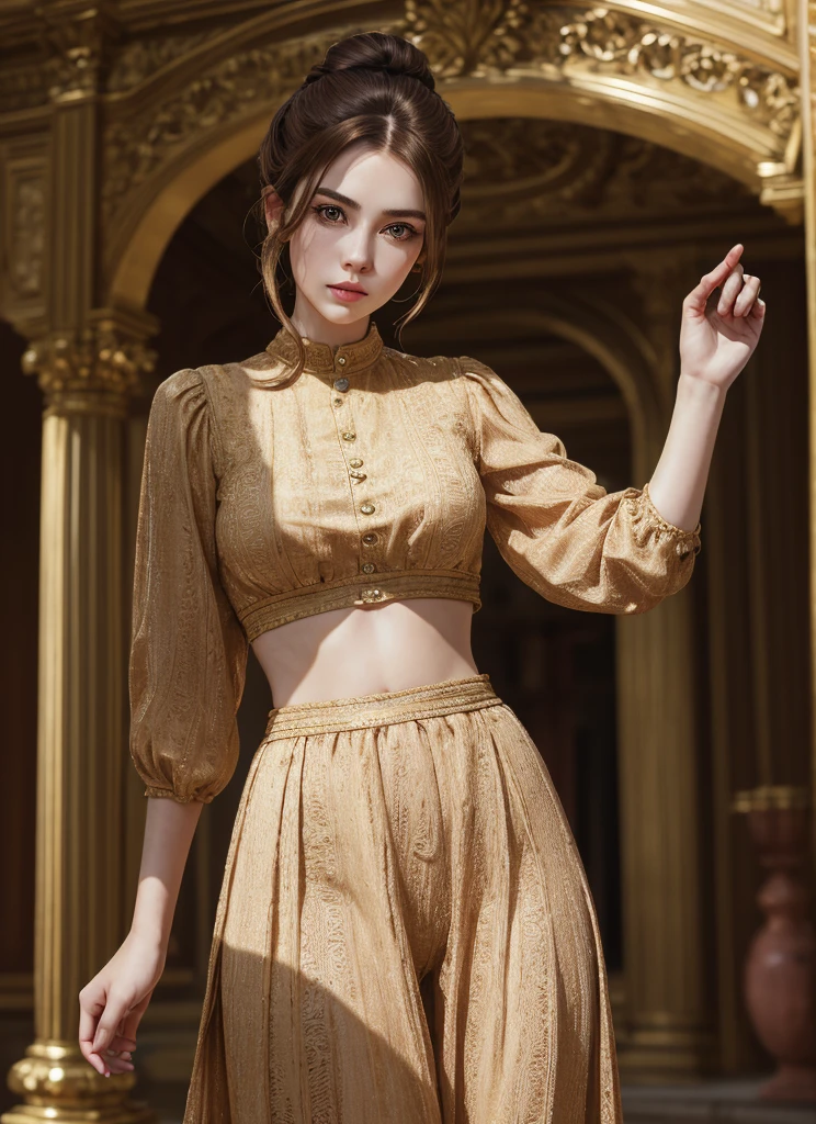 fulllength, 1 girl, perfect body, perfect face, fantasy noblewoman, brown hair tied in a bun, hazel eyes, wearing elegant clothing, standing in a palace, midriff, kind welcoming face
