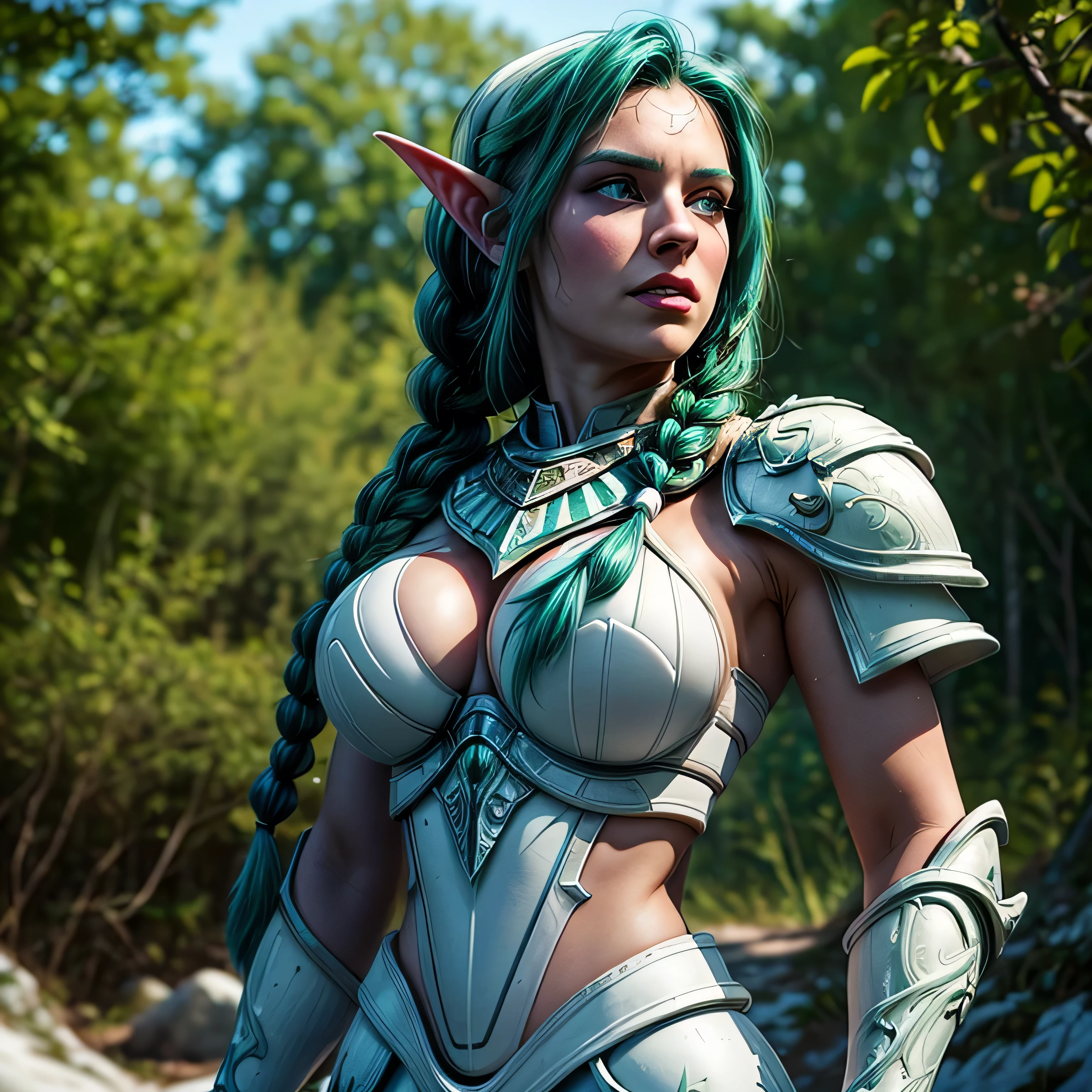 (masterpiece, photorealistic:1.4, extremely intricate:1.3), (photon mapping, radiosity, physically based rendering, ultra resolution, hyper-realistic, 8K), ((beautiful tyrande stand up twin braids, green eyes, ((((white armor)), [medium breasts:large breasts:0.3], [skin detail:freckles:0.9])), pauldrons, forest, upper torso)), background outdoor, flowers, glowing butterflies, bokeh, sunset, [aqua hair:blonde hair:0.8]