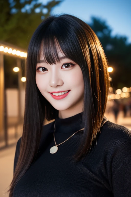 (a girl in a night park, beautiful detailed eyes, beautiful detailed lips, extremely detailed eyes and face, long eyelashes, delicate facial features, detailed clothing features, lifelike, best quality, ultra high resolution, 8K resolution, high dynamic range, focus only, bangs, skin firming, slim girl, fantastic, Japanese, ultra-detailed illustrations, landscape, no characters, ample round bosom, medium chest, straight hair, short hair, black hair, black eyes, fish pendant, light tight sweater, lovely, sexy, smile, the_comboy_shot)