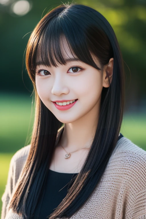 (a girl in a night park, beautiful detailed eyes, beautiful detailed lips, extremely detailed eyes and face, long eyelashes, delicate facial features, detailed clothing features, lifelike, best quality, ultra high resolution, 8K resolution, high dynamic range, focus only, bangs, skin firming, slim girl, fantastic, Japanese, ultra-detailed illustrations, landscape, no characters, ample round bosom, medium chest, straight hair, short hair, black hair, black eyes, fish pendant, light tight sweater, lovely, sexy, smile, the_comboy_shot)